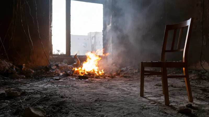 Wooden chair standing in a burned-out room with fire and smoke near a broken window