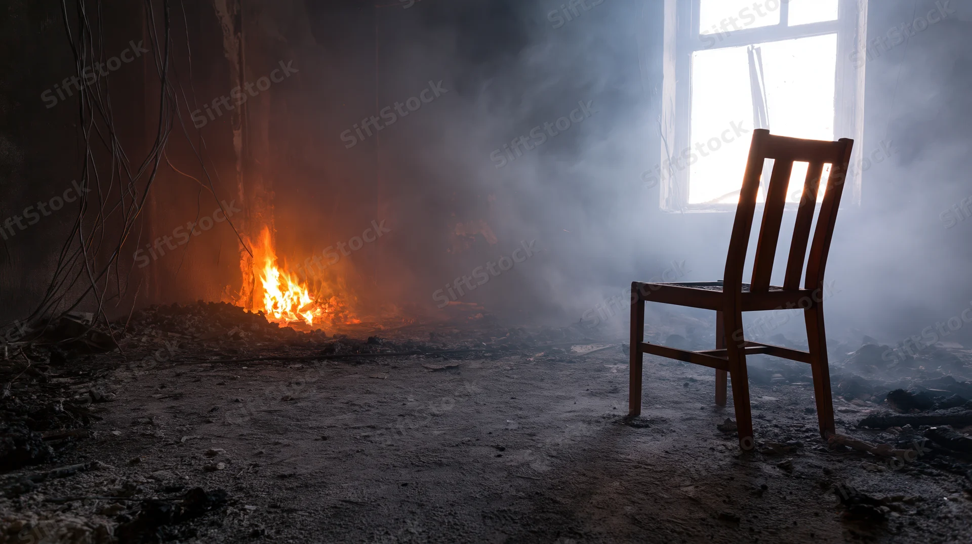 Lone wooden chair in a burned-out room with fire and smoke near a window