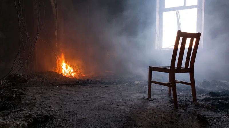Lone wooden chair in a burned-out room with fire and smoke near a window