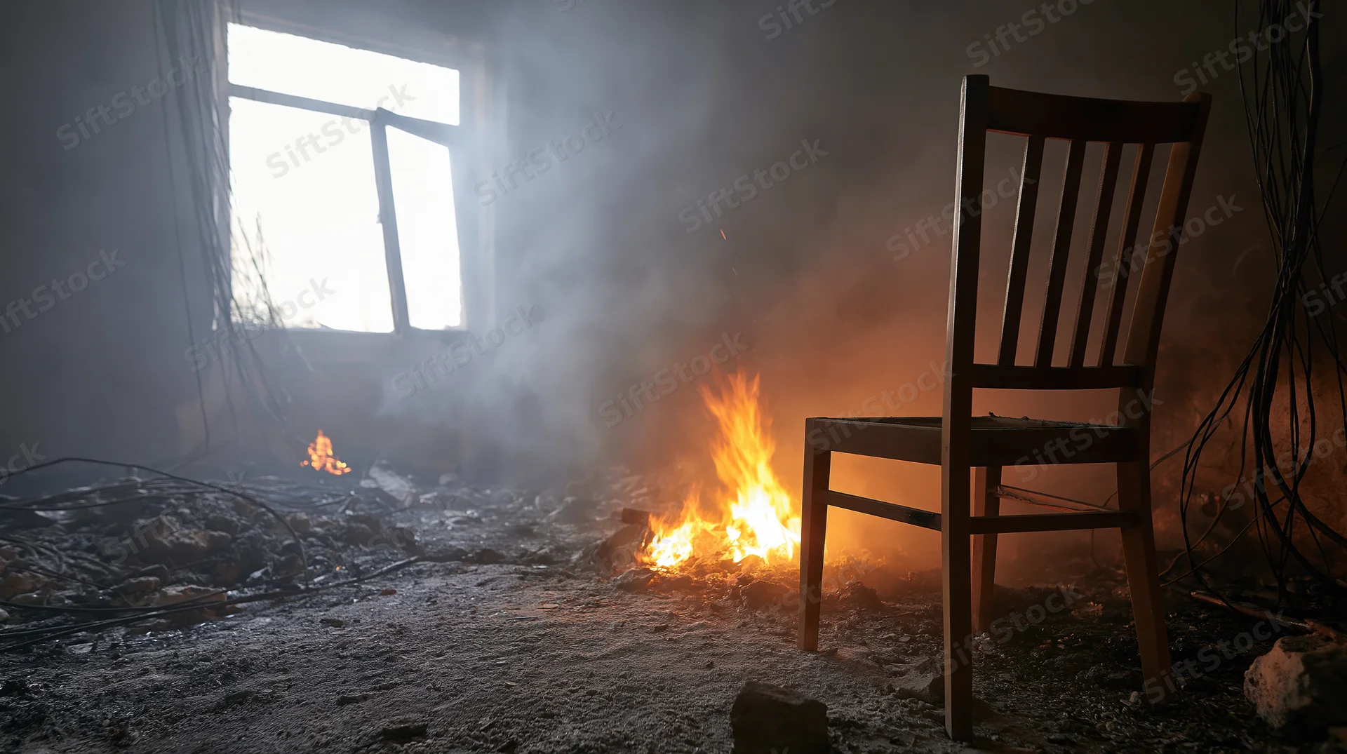 Burning debris in a ruined room with a wooden chair near a window
