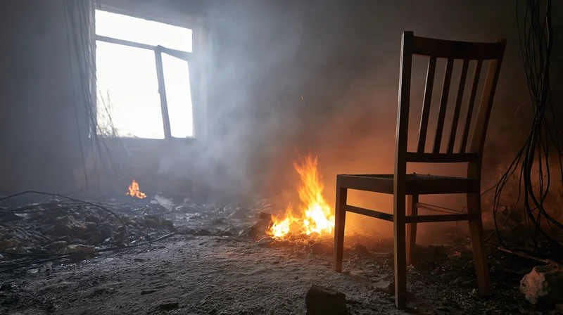 Burning debris in a ruined room with a wooden chair near a window