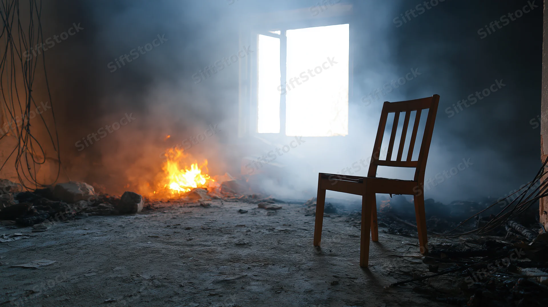 Lone wooden chair in a burned-out room with flames and smoke near a window