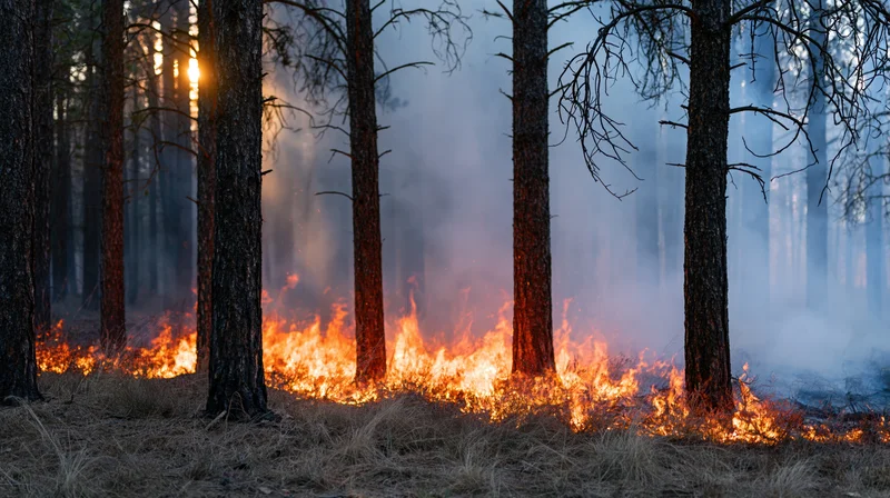 Wildfire burning through pine forest at dusk, flames consuming dry ground cover between tree trunks