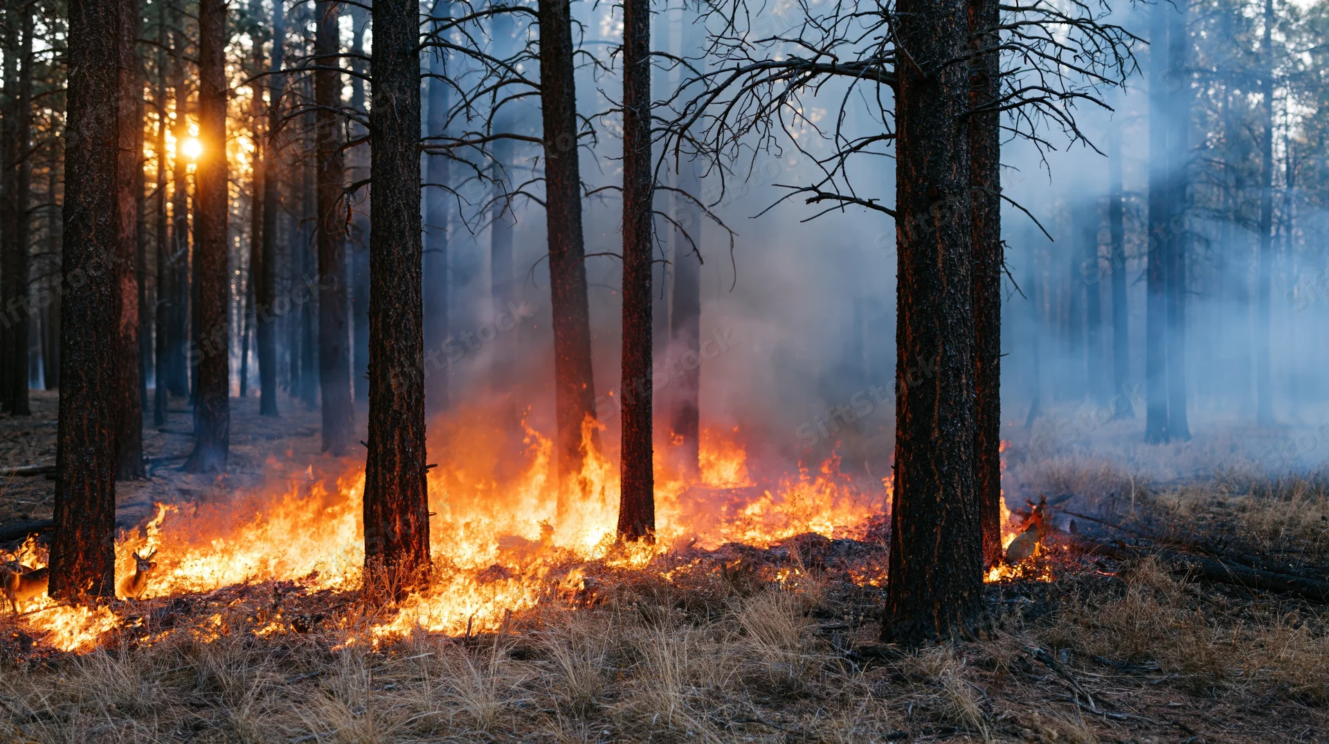 Wildfire burning through pine forest at dusk with smoke and flames on dry ground