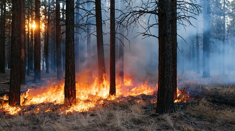 Wildfire burning through pine forest at dusk with smoke and flames on dry ground