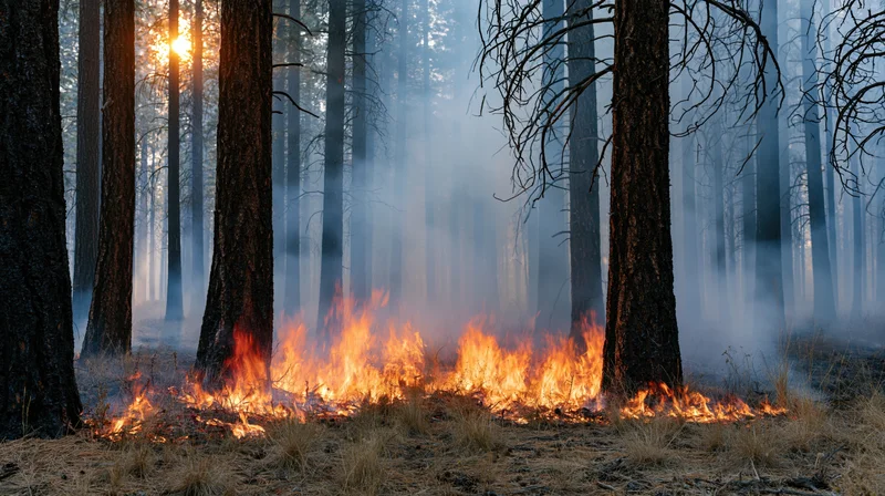Wildfire burning through pine forest with flames on ground and smoke rising, sunlight filtering through trees