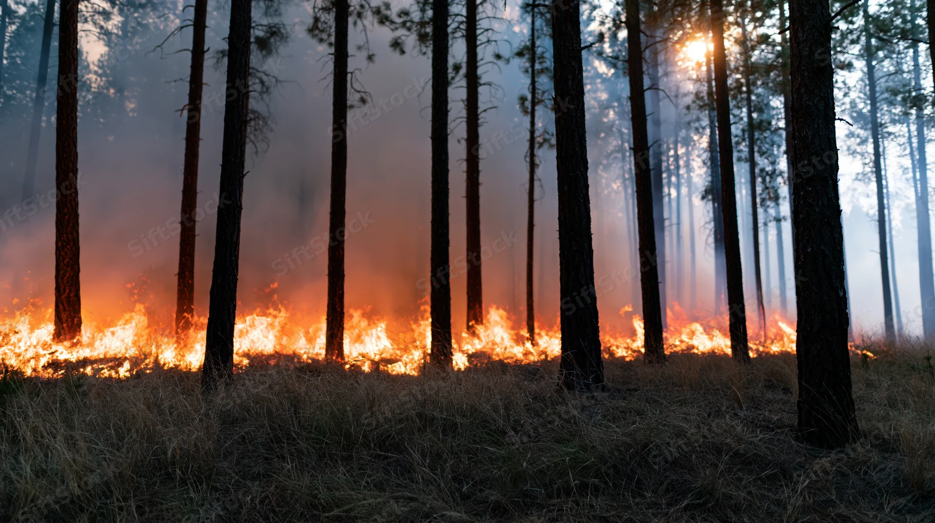 Wildfire burning through a pine forest at dusk, flames consuming dry grass and underbrush between tall tree trunks