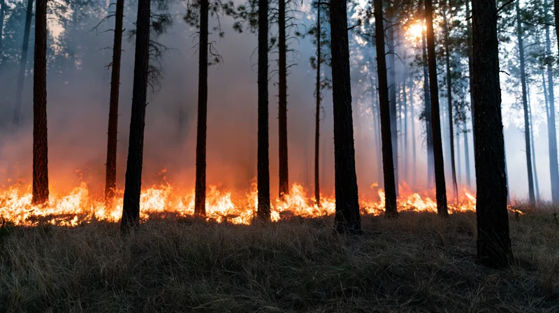 Wildfire burning through a pine forest at dusk, flames consuming dry grass and underbrush between tall tree trunks