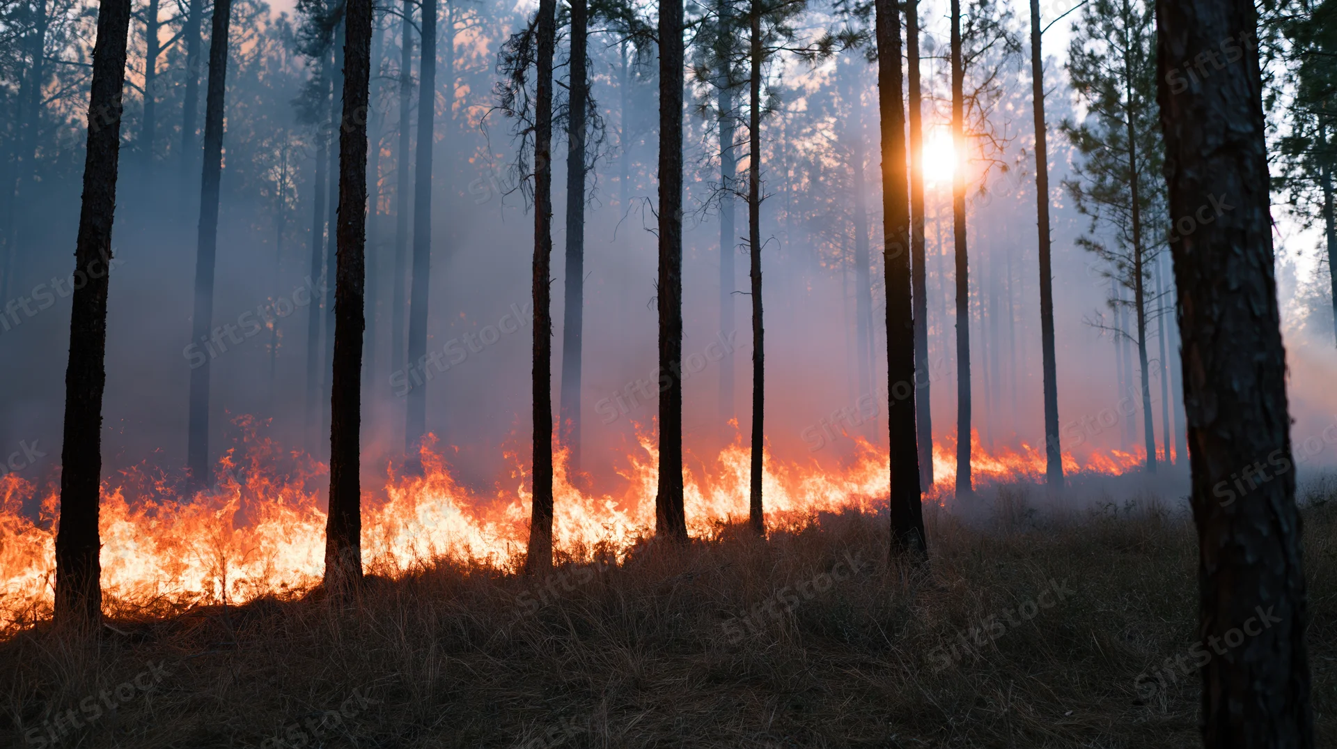 Wildfire burning through a pine forest with flames and smoke at dusk