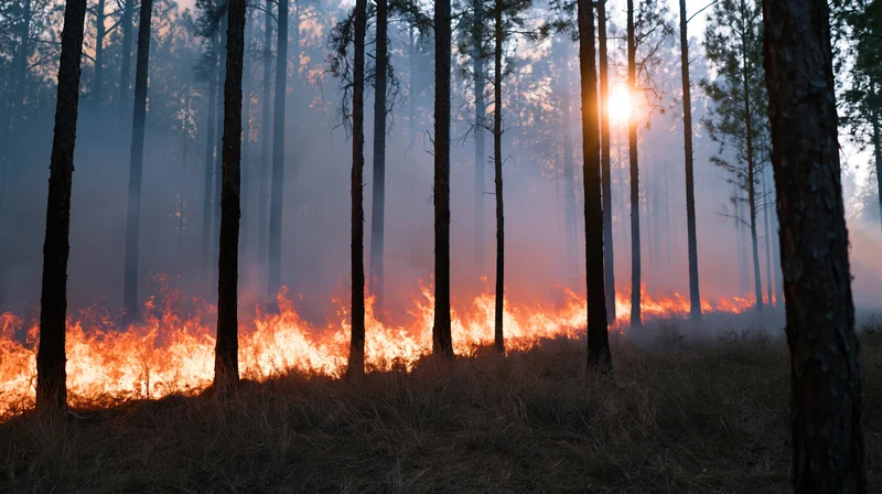 Wildfire burning through a pine forest with flames and smoke at dusk