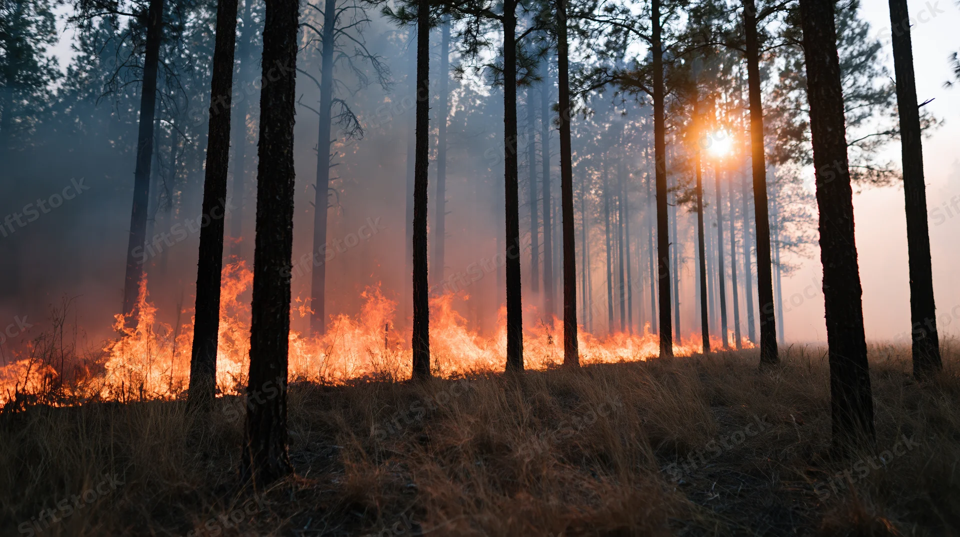 Wildfire burning through a pine forest with flames and smoke at dusk