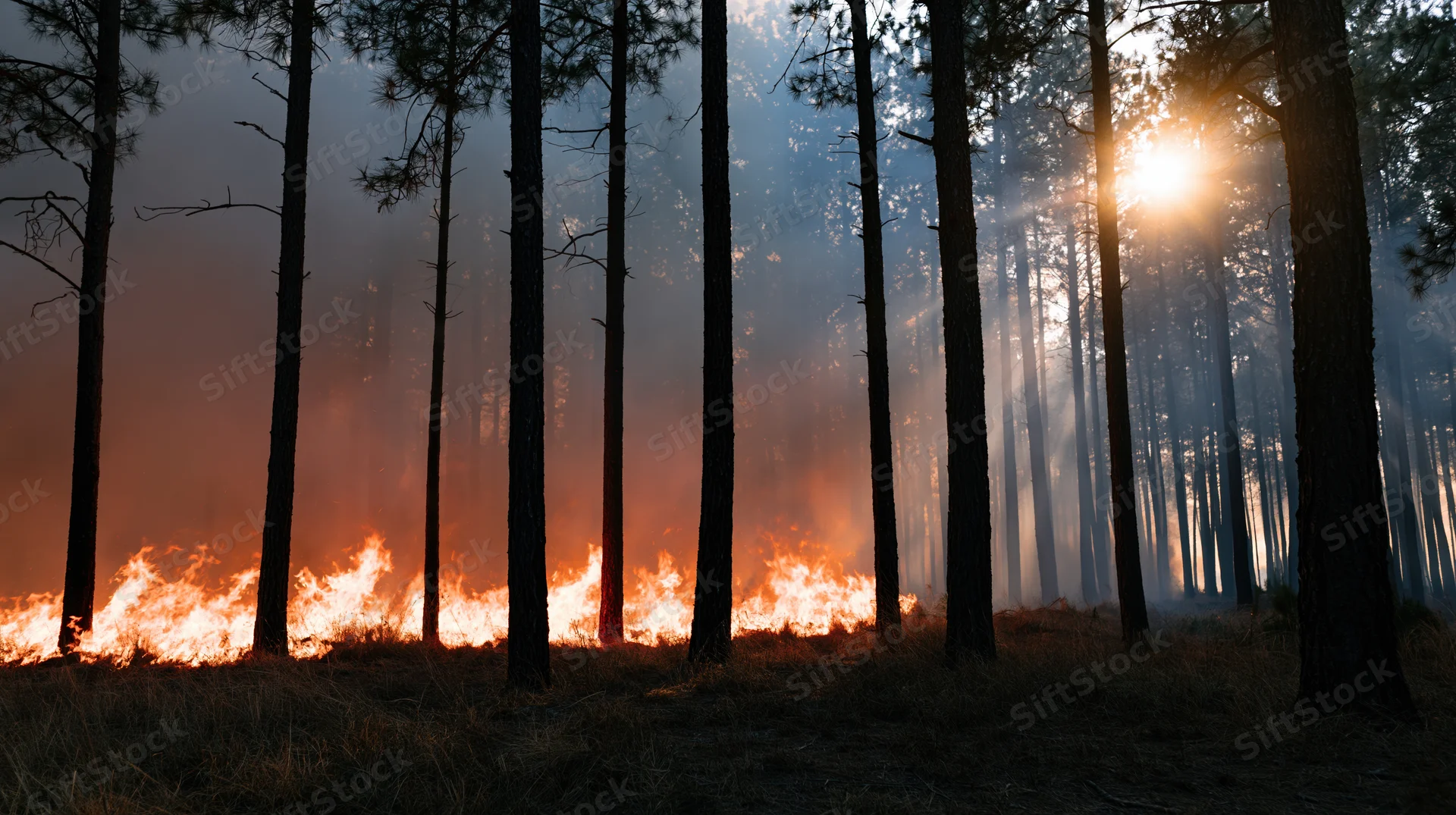 Wildfire burning through a pine forest with flames at base and sunlight filtering through trees