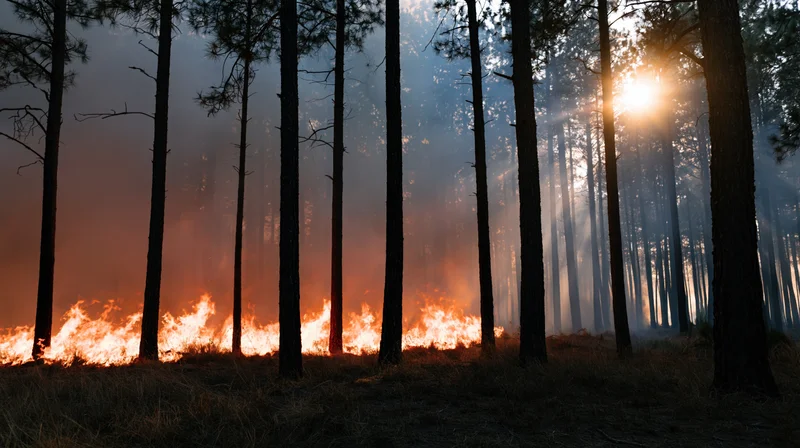 Wildfire burning through a pine forest with flames at base and sunlight filtering through trees