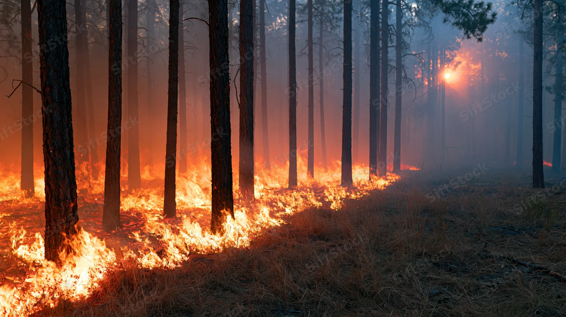 Wildfire burning through a pine forest with flames at base of tall tree trunks