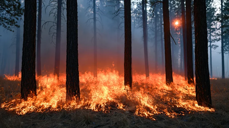 Wildfire burning through a pine forest at dusk, flames consuming dry underbrush between tall tree trunks