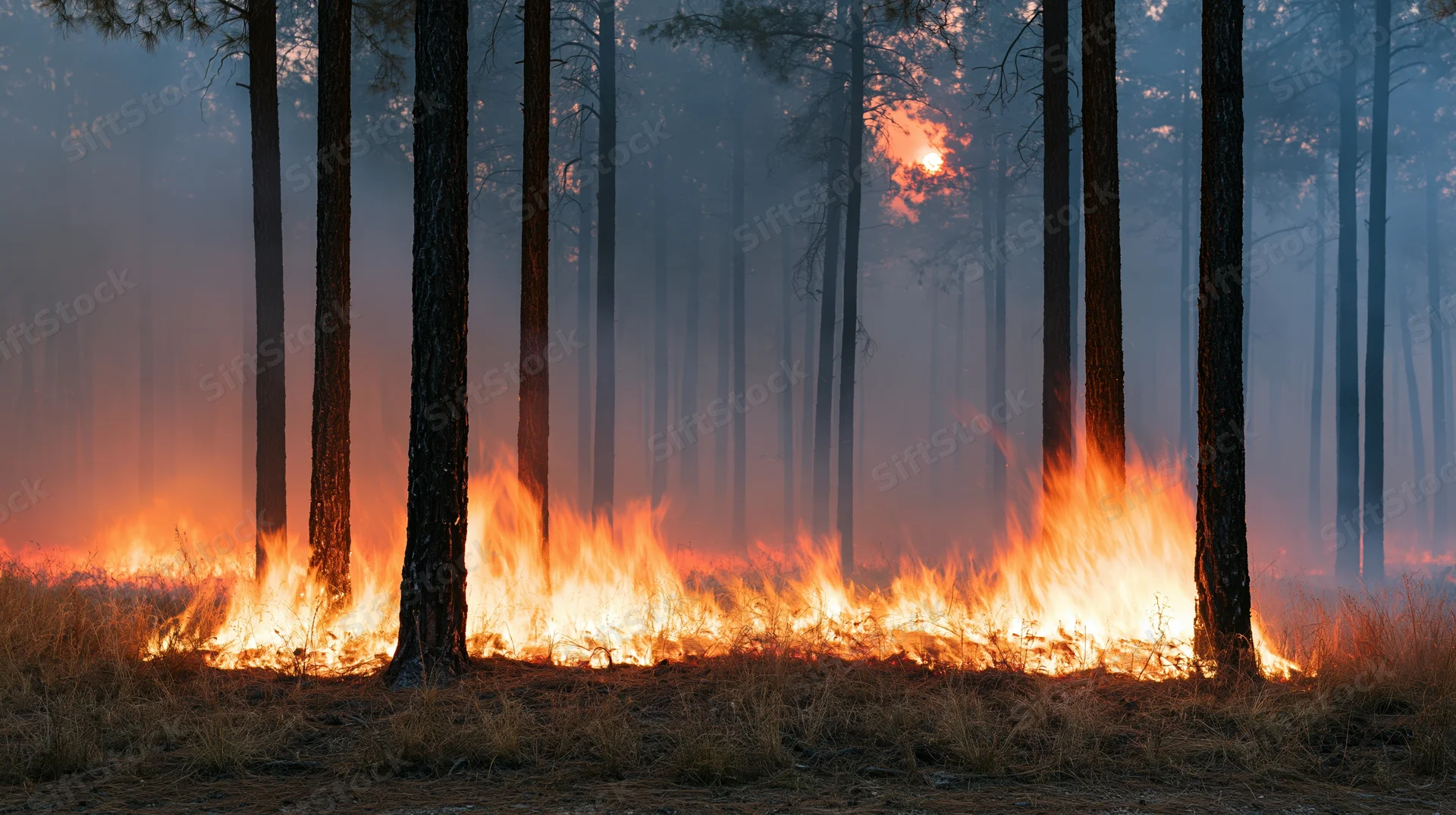 Wildfire burning through a pine forest at dusk, flames consuming dry grass at base of tall tree trunks