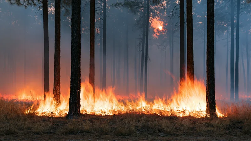 Wildfire burning through a pine forest at dusk, flames consuming dry grass at base of tall tree trunks