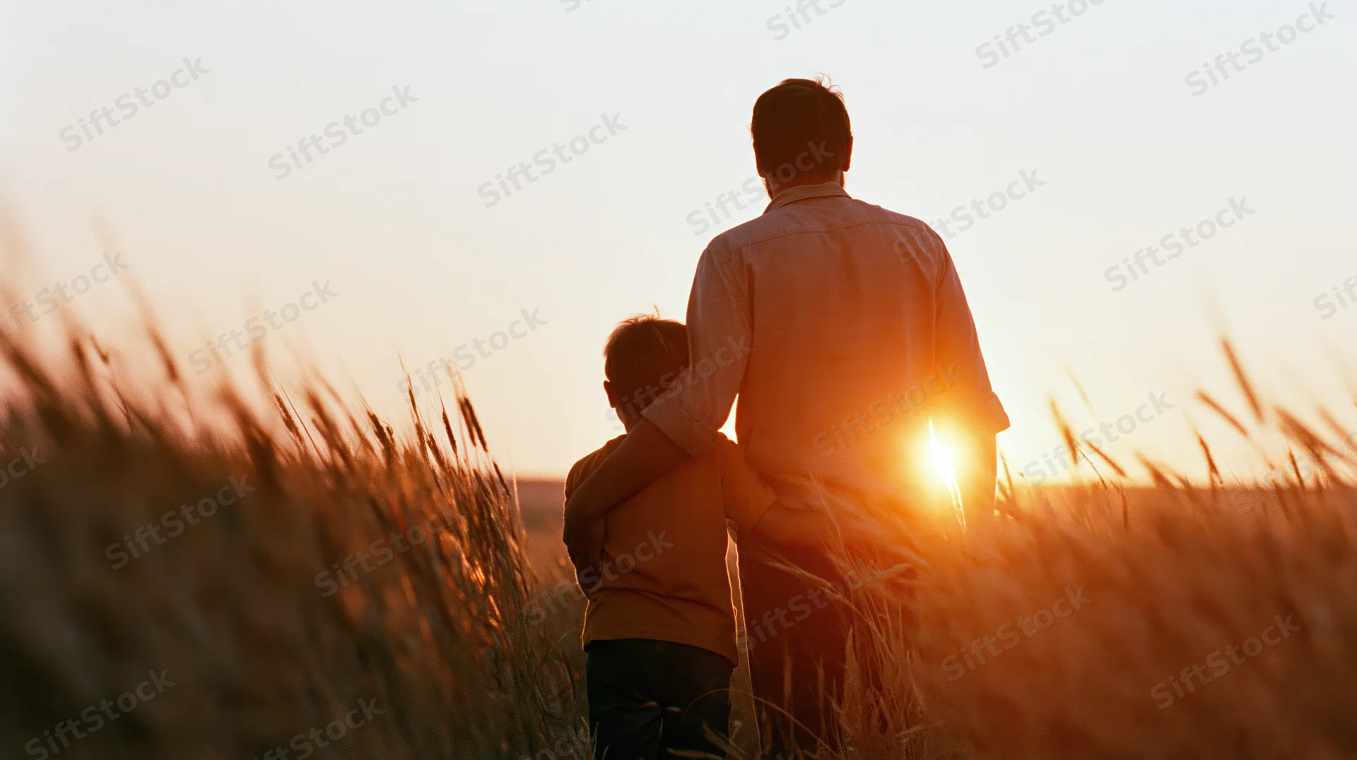 Father and son standing together in a wheat field at sunset, back to camera, arms around each other, golden light glowing behind them