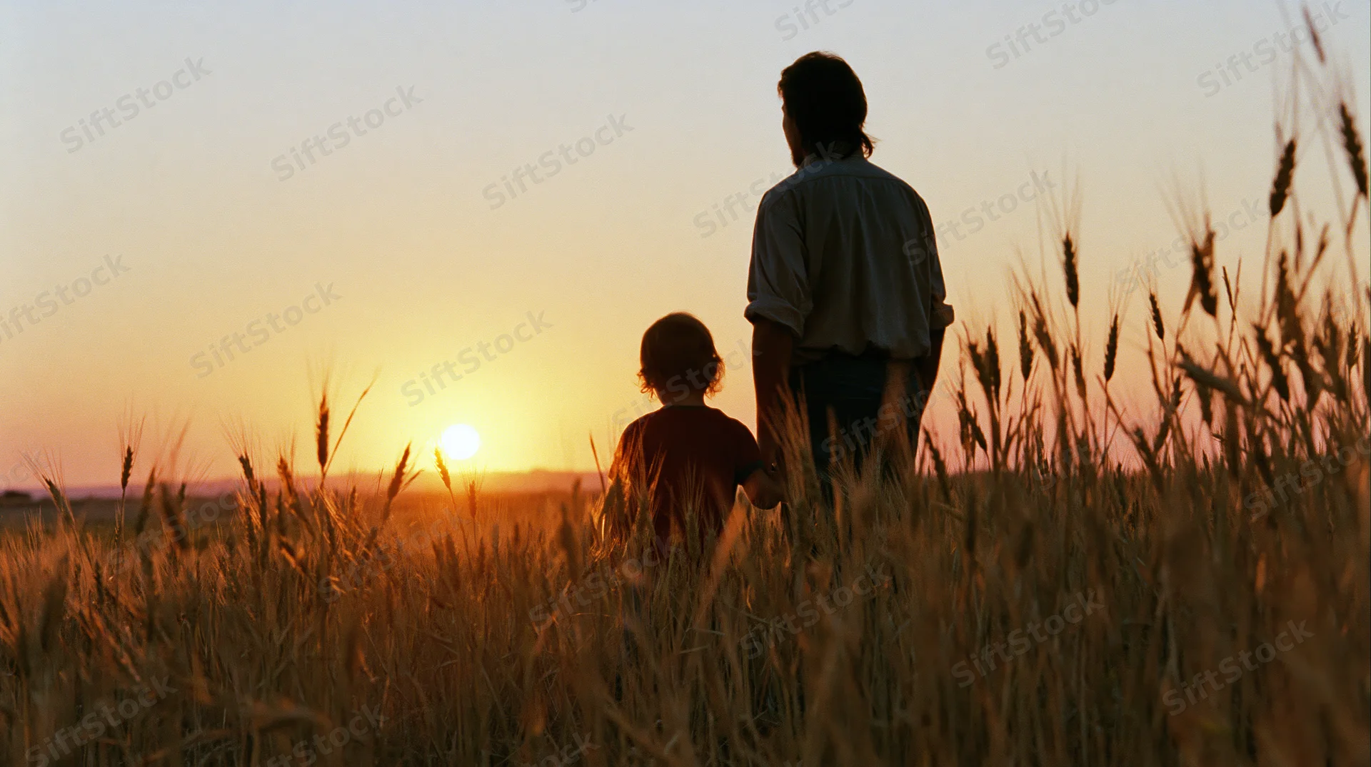 Adult and child standing together in a wheat field at sunset