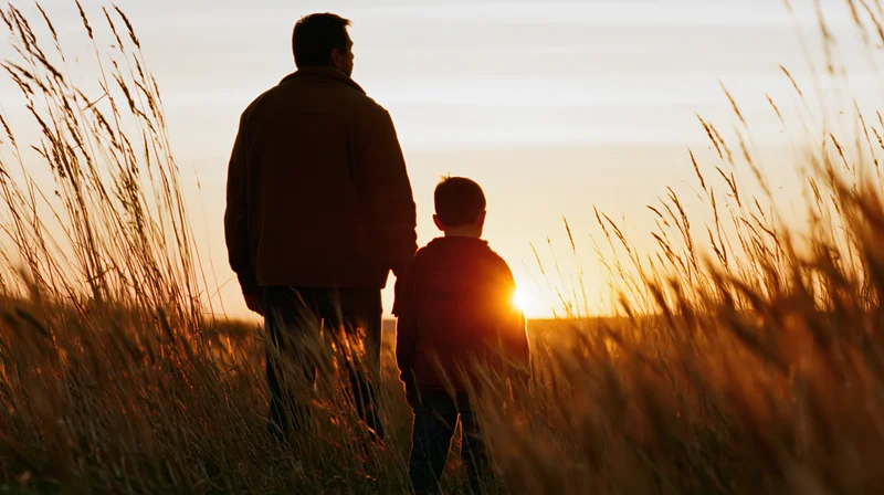 Father and son standing together in a wheat field at sunset, backlit by golden light, surrounded by tall grass