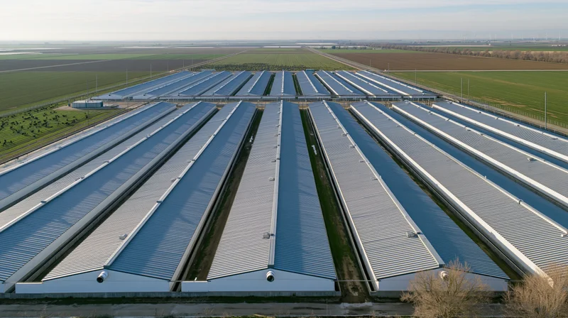 Aerial view of large greenhouse complex with metal roofs aligned in rows on farmland