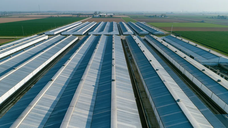 Aerial view of large greenhouse complex with rows of transparent roofs over farmland