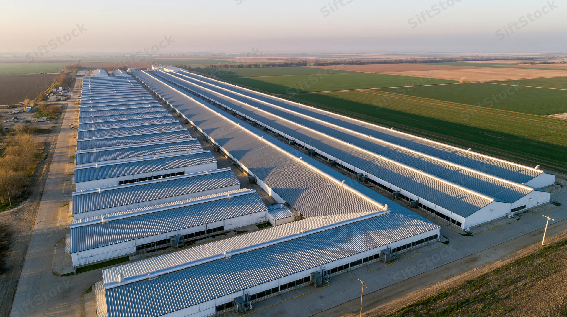 Aerial view of large industrial warehouse complex with corrugated metal roofs aligned in rows beside farmland