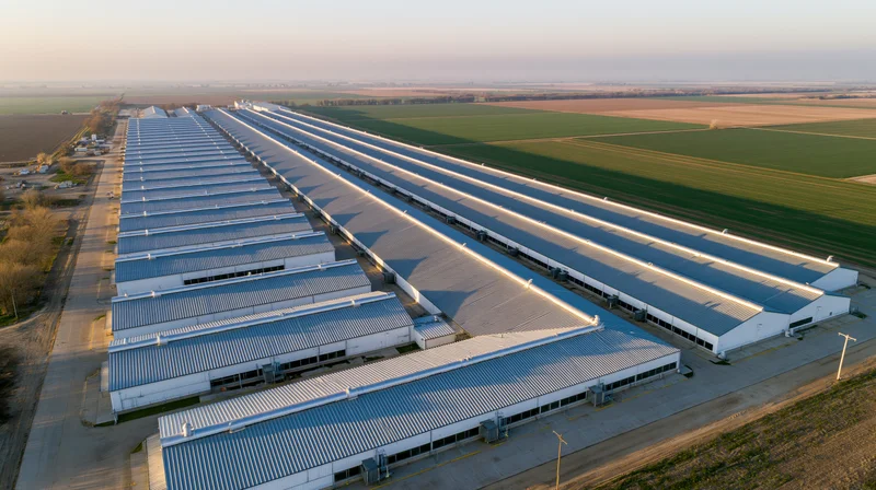 Aerial view of large industrial warehouse complex with corrugated metal roofs aligned in rows beside farmland