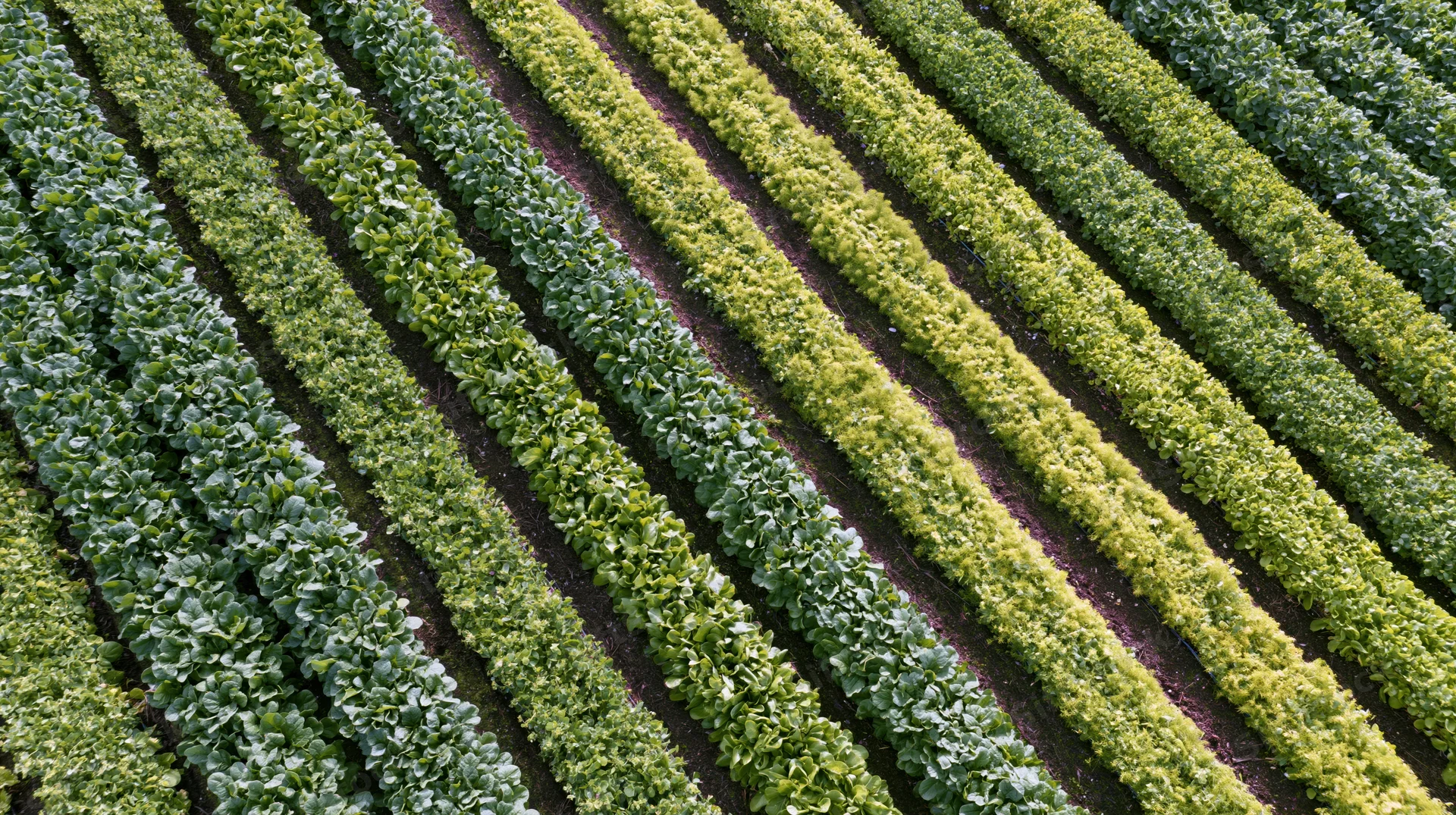Aerial view of parallel rows of green leafy crops growing in a farm field