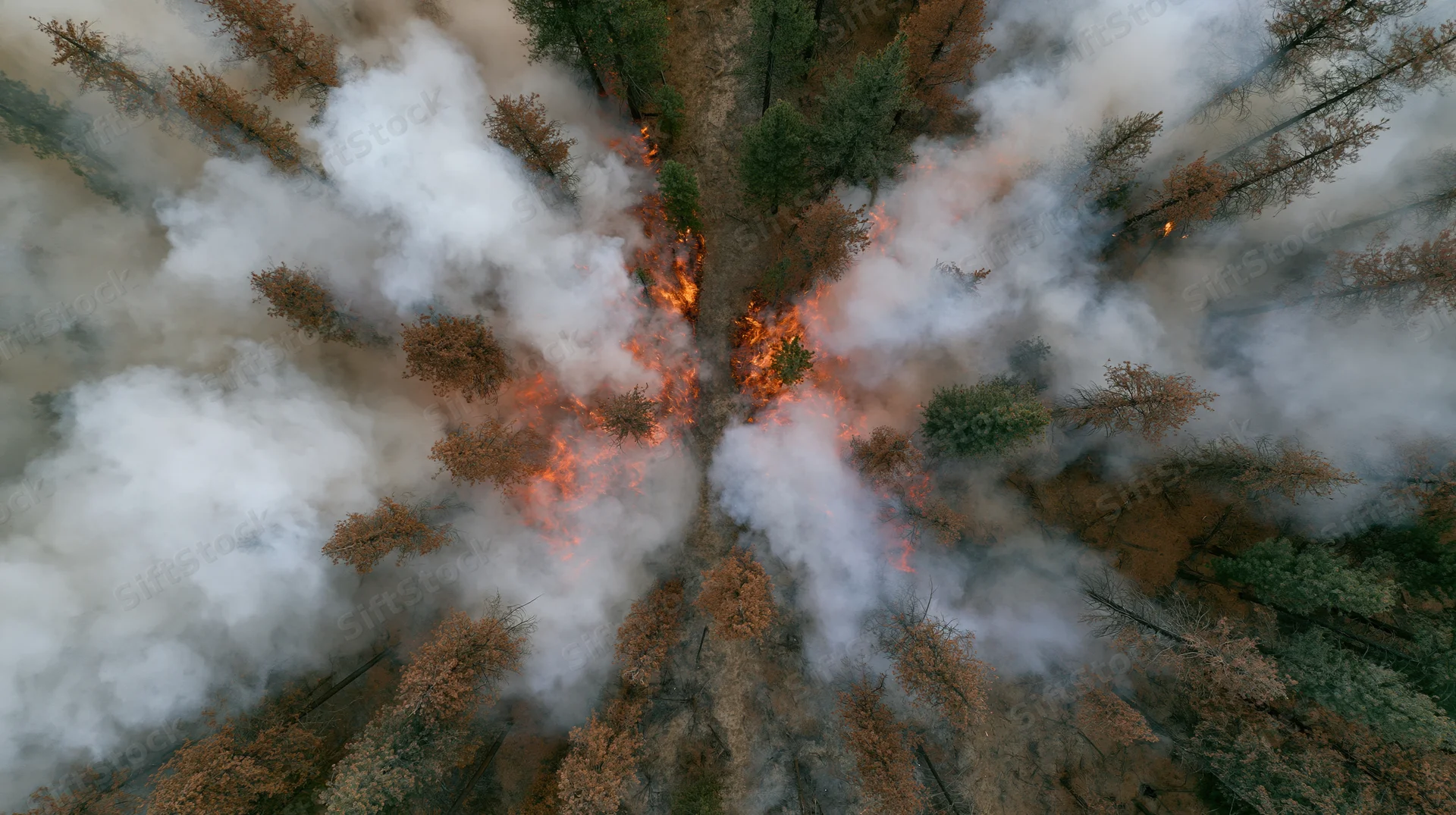 Aerial view of wildfire burning through forest canopy with thick smoke rising