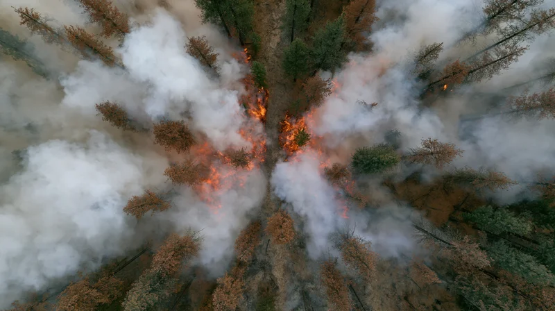 Aerial view of wildfire burning through forest canopy with thick smoke rising