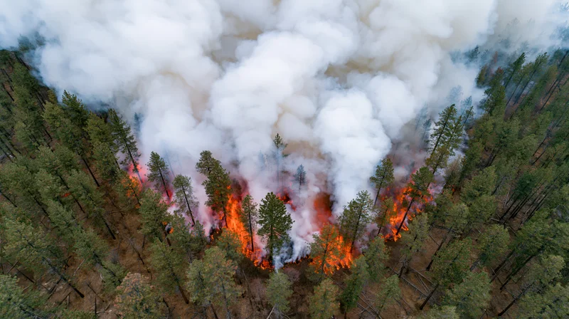 Aerial view of wildfire burning through forest canopy with thick smoke rising