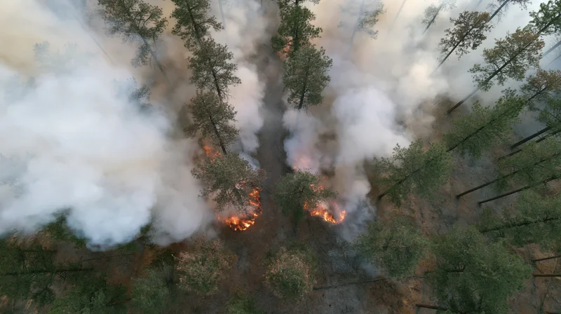 Aerial view of wildfire burning through forest canopy from directly above