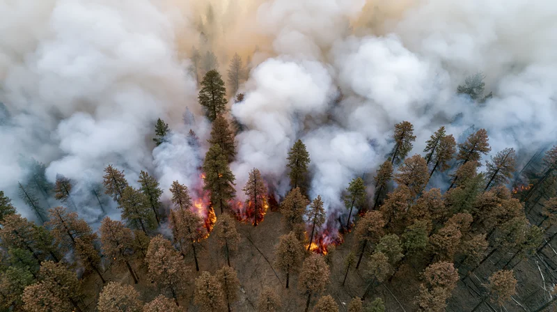 Aerial view of wildfire burning through forest canopy with thick smoke rising
