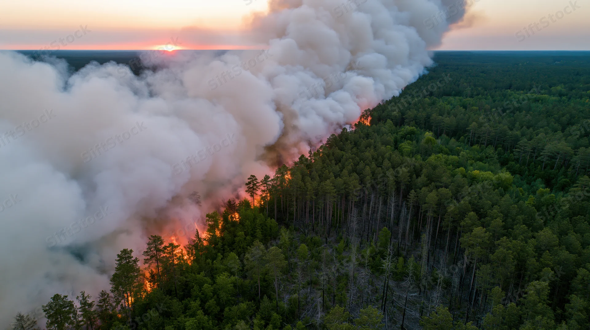Aerial view of wildfire burning through dense forest at sunset