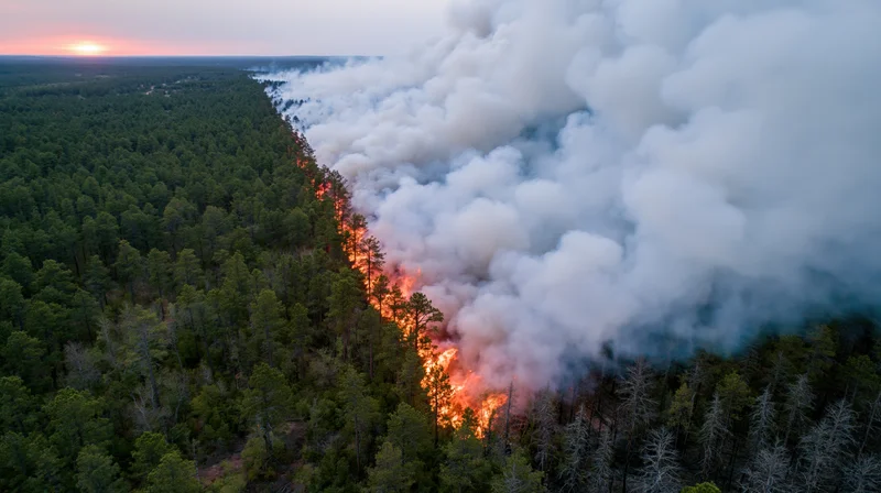 Aerial view of wildfire burning through dense forest at sunset