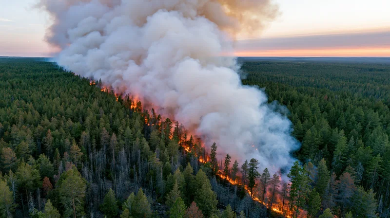 Aerial view of wildfire burning through dense forest at dusk