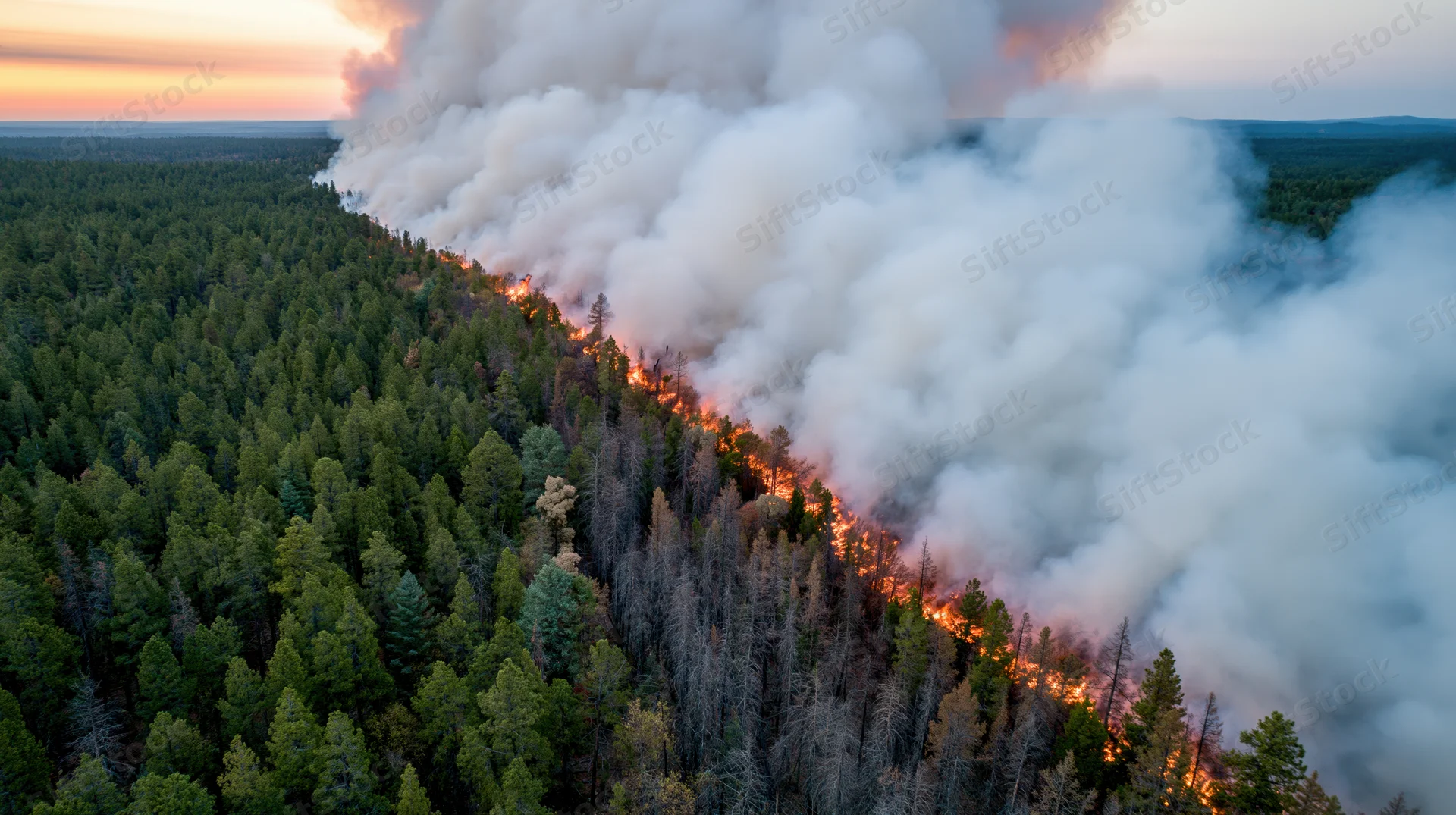 Aerial view of wildfire burning through dense forest at sunset