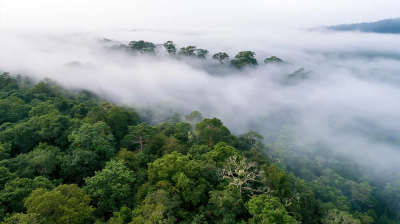 Aerial drone view of dense tropical forest canopy blanketed in mist
