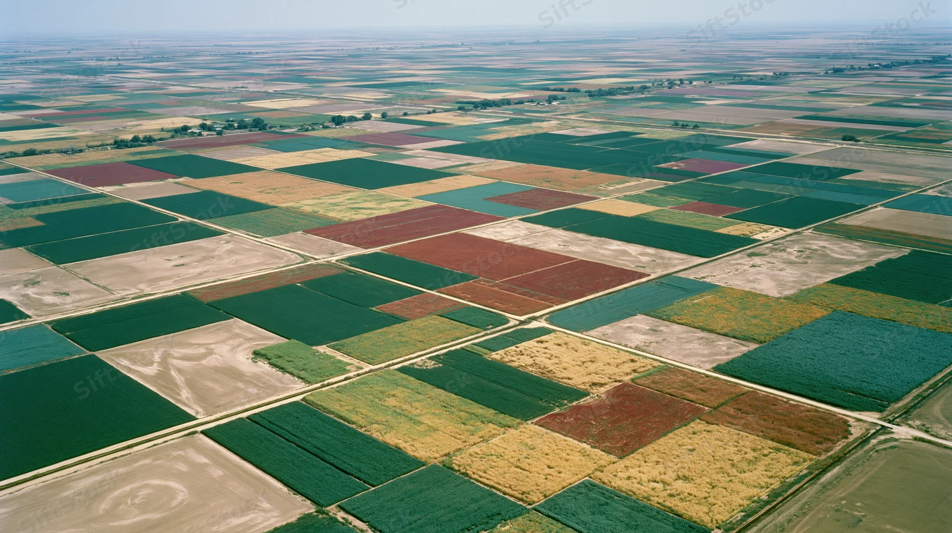 Aerial view of vast cultivated farmland arranged in a grid pattern with varied crop colors and soil textures