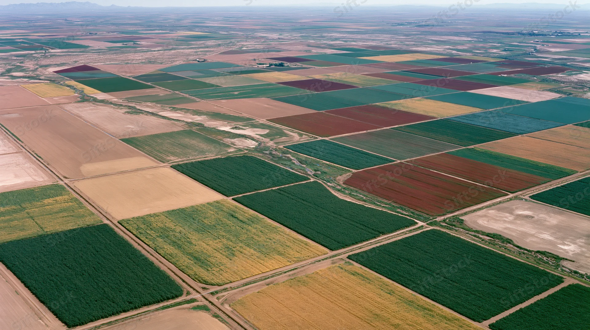 Aerial view of vast cultivated farmland arranged in geometric patterns across rural landscape