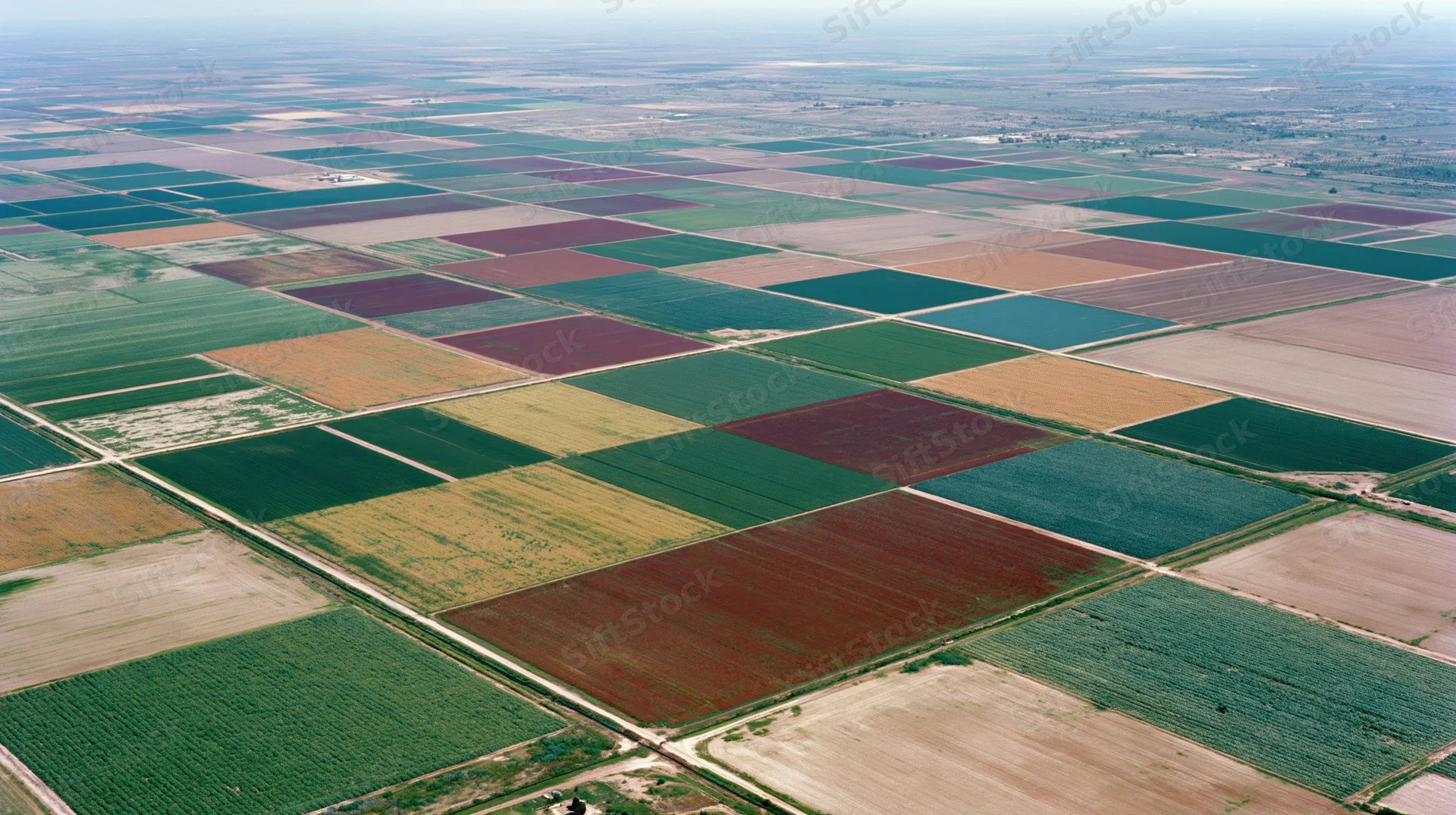Aerial view of vast farmland with colorful crop fields arranged in a grid pattern