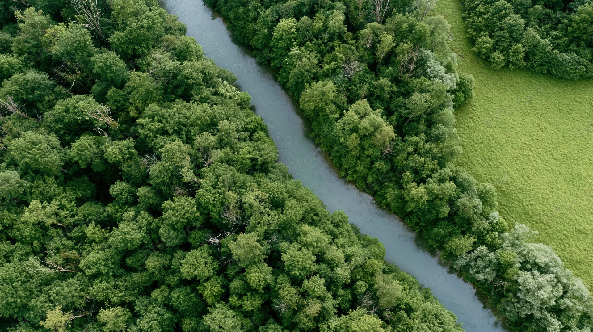 Aerial top-down view of a winding river flowing through dense green forest and adjacent meadow