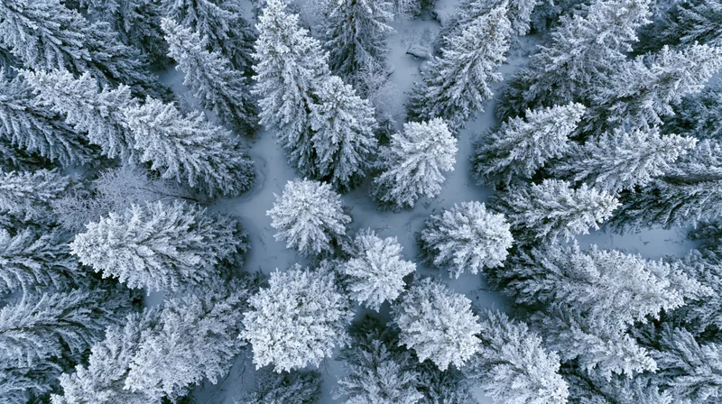 Aerial top-down view of snow-covered pine trees in a dense winter forest