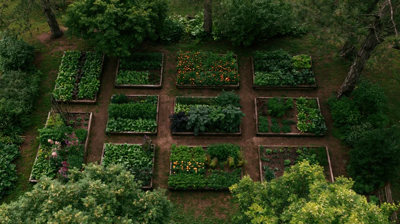 Aerial top-down view of a backyard vegetable garden with ten raised beds arranged in rows surrounded by trees