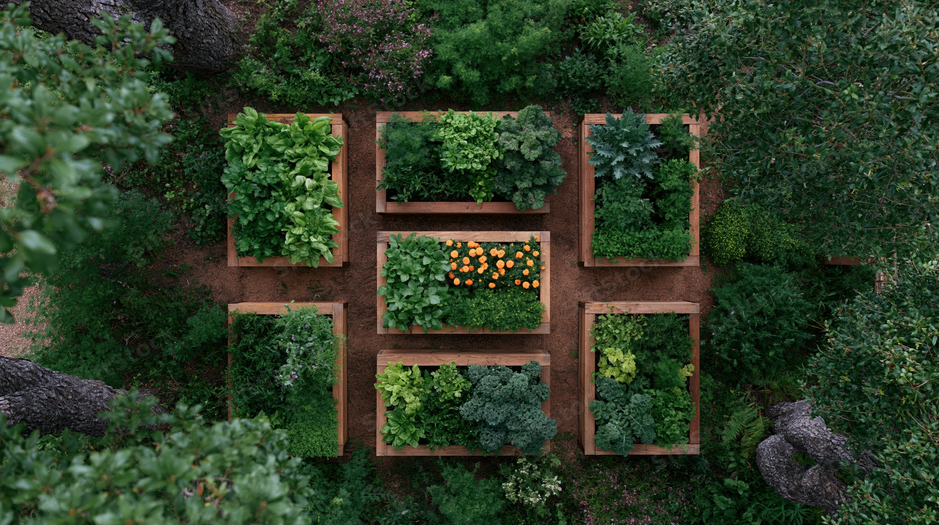 Aerial top-down view of a backyard vegetable garden with raised wooden beds filled with leafy greens and citrus fruits surrounded by trees and soil