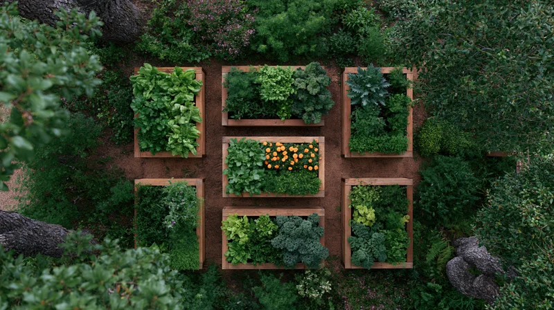 Aerial top-down view of a backyard vegetable garden with raised wooden beds filled with leafy greens and citrus fruits surrounded by trees and soil