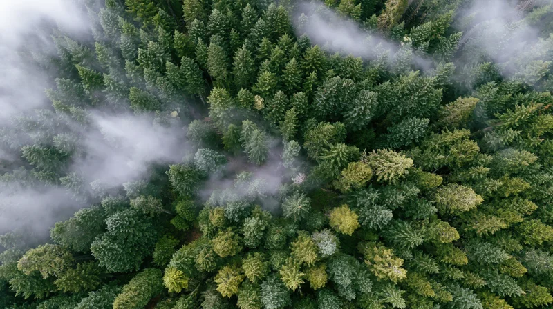 Aerial top-down view of dense conifer forest canopy with mist swirling through treetops