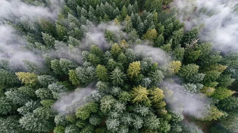 Aerial top-down view of dense conifer forest canopy with mist swirling through treetops