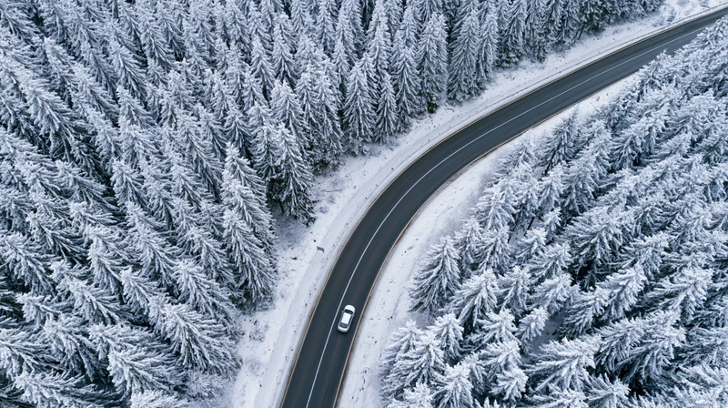Aerial view of a winding road through a snow-covered pine forest with a car driving on it